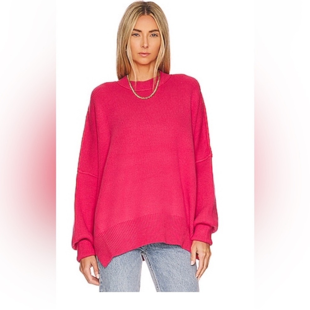 Free People Cozy Oversized Crewneck Sweater in Bright Pink